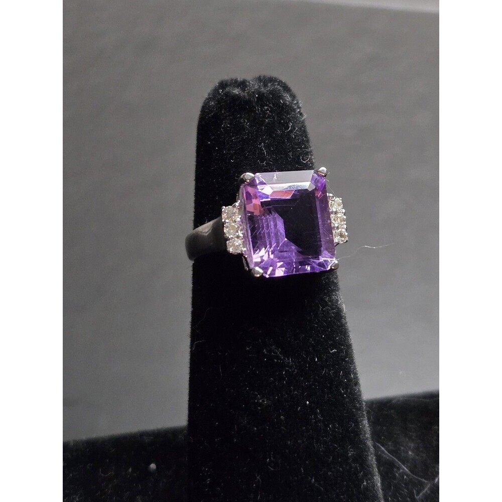 5.94 CTW Amethyst Ring, Large Emerald Cut Purple Gemstone Sterling Silver Size 5 - Picture 4 of 16